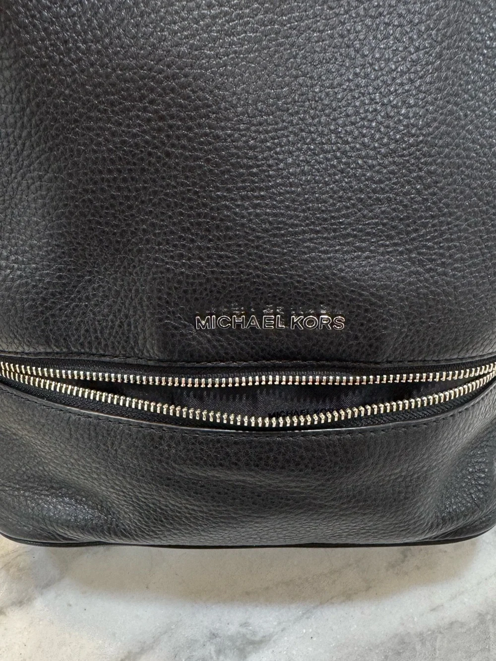 Michael Kors Rhea Black Pebbled Leather Backpack with Silver Hardware